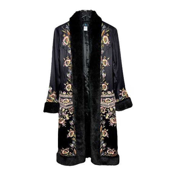 Sue Wong Jackets & Blazers - Vintage Sue Wong Floral Embroidered Silk Duster Coat 4 Faux Fur Long Black